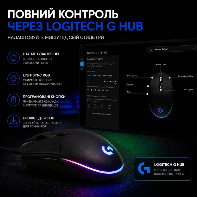 Ігрова миша Logitech G102 Lightsync, дротова, 8000 DPI, RGB-підсвічування, 6 кнопок, Black - Фото 8 Ігрова миша Logitech G102 Lightsync, дротова, 8000 DPI, RGB-підсвічування, 6 кнопок, Black - изображение 8