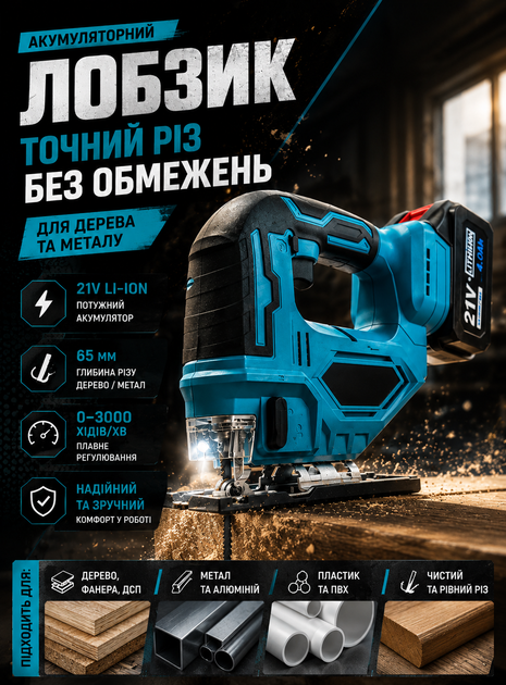Аккумуляторный электролобзик с бесщёточным двигателем и LED-подсветкой для фигурной резки дерева и металла с двумя литий-ионными аккумуляторами 21 В 4 А·год - Фото 1 Аккумуляторный электролобзик с бесщёточным двигателем и LED-подсветкой для фигурной резки дерева и металла с двумя литий-ионными аккумуляторами 21 В 4 А·год - изображение 1