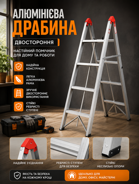 Алюминиевая стремянка‑трансформер для дома и ремонта двусторонняя с перфорированными противоскользящими ступенями 2 секции по 4 ступени высота до 170 см максимальная нагрузка 150 кг - изображение 4