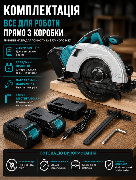 Аккумуляторная циркулярная пила дисковая 2000 Вт с бесщеточным двигателем и двумя аккумуляторами, 125 мм для монтажа и ремонта с регулировкой угла реза до 45° - изображение 6