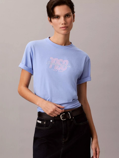 Футболка бавовняна жіноча Calvin Klein 403603766 XS Блакитна з принтом (1159865319) - зображення 4
