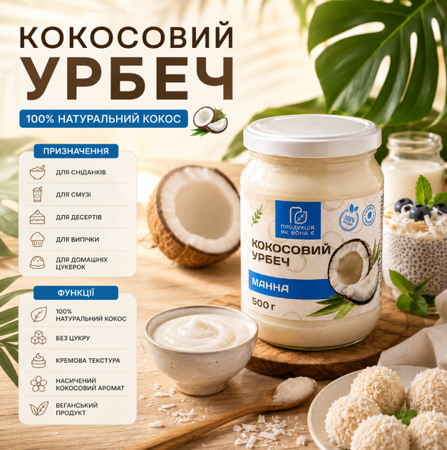 Кокосовая урбеч 500 г натуральная кокосовая манная паста без сахара - Фото 2 Кокосовая урбеч 500 г натуральная кокосовая манная паста без сахара - изображение 2