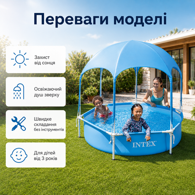 Каркасний басейн Intex Splash-in-Shade Play 183×38 см круглий синьо-сірий на 700 л з тентом-парасолькою та душем, дитячий збірний - зображення 2