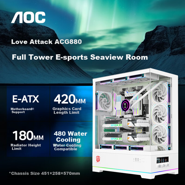 AOC AICG880W белый, корпус для игрового компьютера EATX, панорамный обзор на 270°, быстросъемная конструкция, поддержка двух видеокарт в 9 слотах, совместимость с системами водяного охлаждения 480 мм, цифровой дисплей. - изображение 4