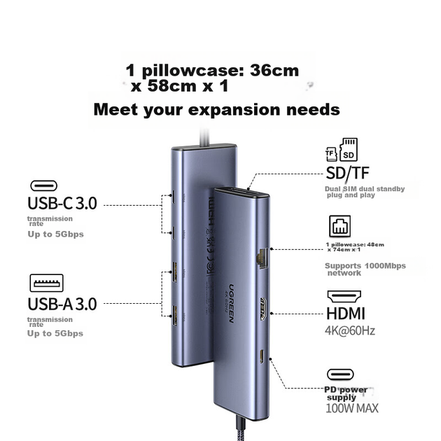 Розширювальна док-станція UGREEN Type-C, адаптер HDMI, розширювальна док-станція 4K 60Hz, дублювання екрана, порт Gigabit Ethernet, зчитувач карт пам'яті, USB 3.0, сумісний з Macbook Air 2025, Huawei, Lenovo, Apple - изображение 4