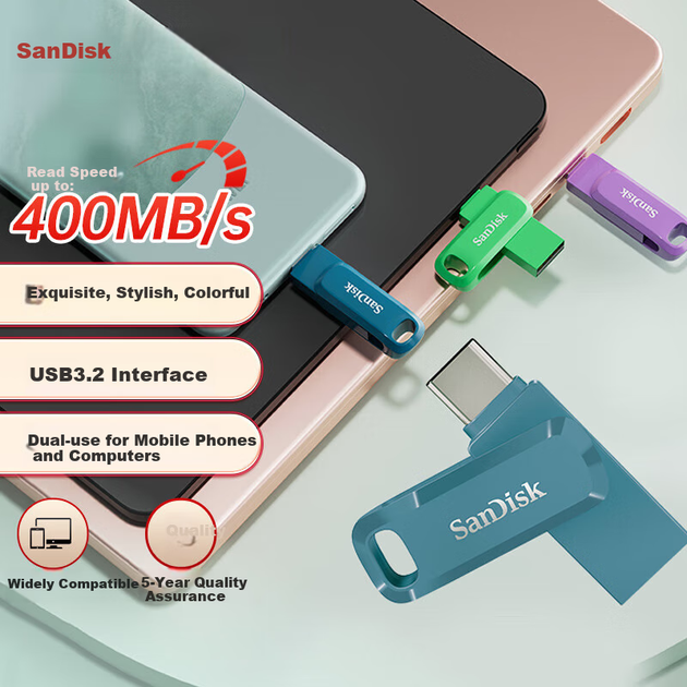 Флешка SanDisk 512ГБ Type-C USB 3.2 Dual Drive DDC3, 400МБ/с, синя - Фото 9 Флешка SanDisk 512ГБ Type-C USB 3.2 Dual Drive DDC3, 400МБ/с, синя - зображення 9