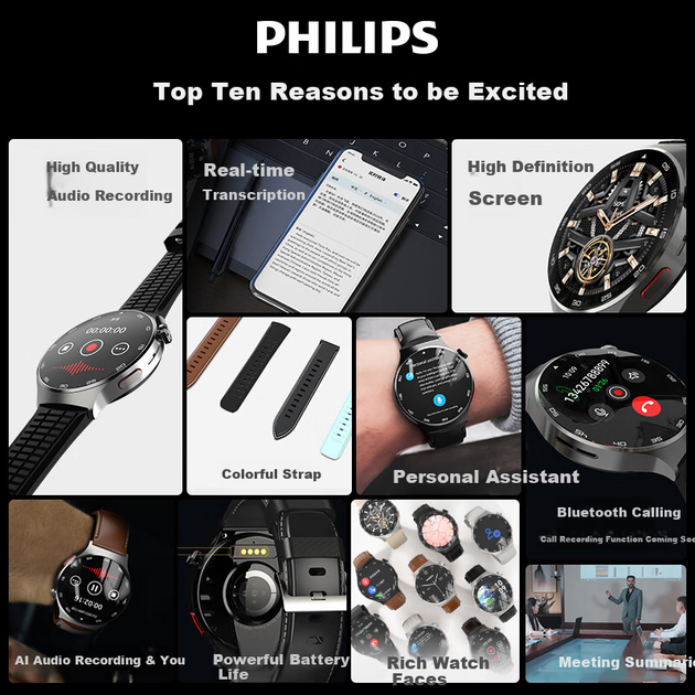 PHILIPS Диктофон браслет AI годинник запис конференцій багатофункціональний годинник транскрипція в режимі реального часу переклад застосунок повідомлення push Bluetooth виклик зустріч запис підсумків подарунок на День батька R10 - Фото 5 PHILIPS Диктофон браслет AI годинник запис конференцій багатофункціональний годинник транскрипція в режимі реального часу переклад застосунок повідомлення push Bluetooth виклик зустріч запис підсумків подарунок на День батька R10 - изображение 5