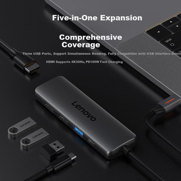 Хаб Lenovo Type-C з HDMI 4K 60Гц, PD зарядка, для ноутбуків та планшетів - Фото 7 Хаб Lenovo Type-C з HDMI 4K 60Гц, PD зарядка, для ноутбуків та планшетів - зображення 7