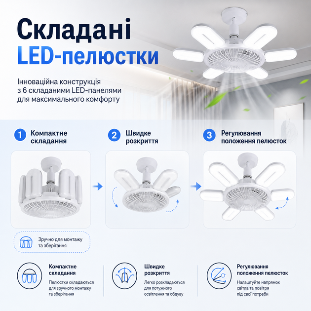 Потолочная LED лампа-вентилятор E27 60W 6500K с пультом управления, светильник в патрон с 6 лампами, диммером и вентилятором - изображение 5