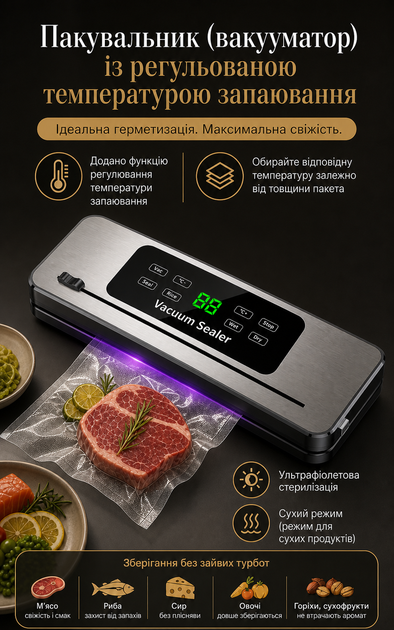 Вакууматор автоматический бытовой 120W с регулировкой температуры запайки | Сухой и Влажный режим | Встроенный нож | УФ-стерилизация | Шов 30 см | Для мяса, рыбы, сала - Фото 3 Вакууматор автоматический бытовой 120W с регулировкой температуры запайки | Сухой и Влажный режим | Встроенный нож | УФ-стерилизация | Шов 30 см | Для мяса, рыбы, сала - изображение 3