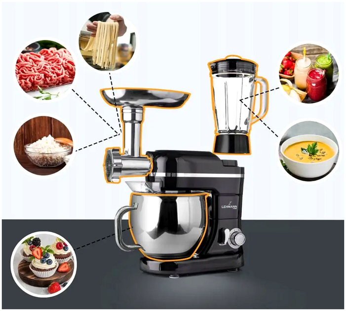 Кухонный комбайн 3000 Вт 5 л мясорубка для кухни 6 скоростей нержавеющая сталь черный Lehmann KT3245 - Фото 4 Кухонный комбайн 3000 Вт 5 л мясорубка для кухни 6 скоростей нержавеющая сталь черный Lehmann KT3245 - изображение 4