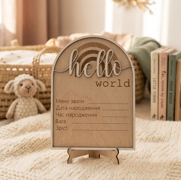 Деревянная табличка для новорожденного с надписью Hello World - Фото 1 Деревянная табличка для новорожденного с надписью Hello World - изображение 1