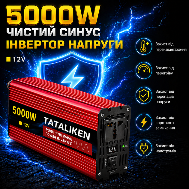 Инвертор с чистой синусоидой 12V → 220V Tataliken 5000W для ноутбука, котла, холодильника и мощной бытовой техники - Фото 2 Инвертор с чистой синусоидой 12V → 220V Tataliken 5000W для ноутбука, котла, холодильника и мощной бытовой техники - изображение 2