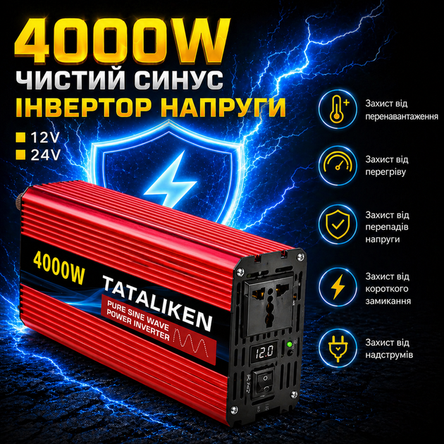 Инвертор с чистой синусоидой 12V → 220V Tataliken 4000W для ноутбука, котла, холодильника и большинства бытовой техники - Фото 2 Инвертор с чистой синусоидой 12V → 220V Tataliken 4000W для ноутбука, котла, холодильника и большинства бытовой техники - изображение 2
