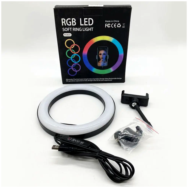 Кольцевая лампа RGB 20 см для селфи и видео 25Вт USB черный LS-536 - зображення 9