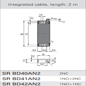Магнитный датчик 2NC (с закрытыми дверями), кабель 2м, Sn=8мм, SR BD40AN10-B02F Pizzato Elettrica - изображение 2