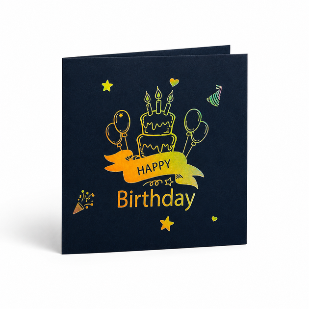 Музыкальная поздравительная открытка «Happy Birthday» с объемным тортом внутри и подсветкой, Синий - Фото 2 Музыкальная поздравительная открытка «Happy Birthday» с объемным тортом внутри и подсветкой, Синий - изображение 2