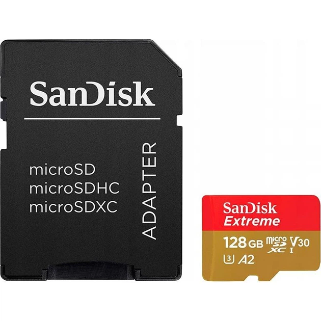 Картка пам'яті MicroSDXC 128 GB UHS-I U3 R190/W90MB/s SanDisk Extreme V30 + SD-адаптер (SDSQXAA-128G-GN6AA) ( 23104 ) - Фото 1 Картка пам'яті MicroSDXC 128 GB UHS-I U3 R190/W90MB/s SanDisk Extreme V30 + SD-адаптер (SDSQXAA-128G-GN6AA) ( 23104 ) - зображення 1