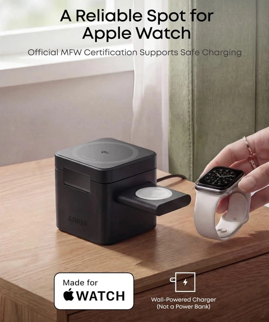 Зарядное устройство Anker Cube 3-in-1 Qi2 MagSafe обновлена быстрая версия для iPhone, Apple Watch, AirPods - Black - изображение 3