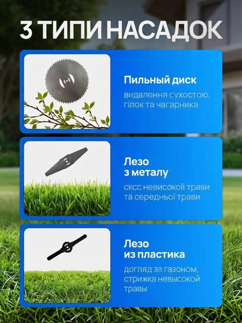 Тример акумуляторний для трави з колесами 48V, газонокосарка, садова коса, 2 акумулятори, 8 насадок, металеві та пластикові леза, пильний диск - изображение 2