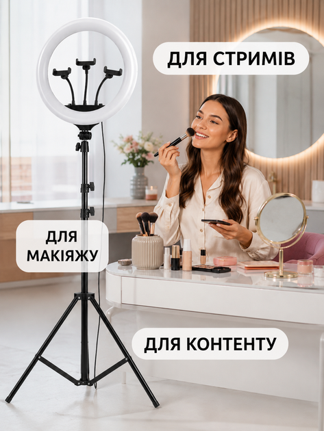 Кольцевая LED лампа 36 см со штативом 210 см пультом 3 держателями для телефона сумкой для фото видео белая (49676160) - изображение 4