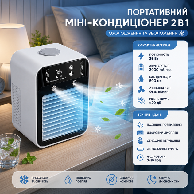 Мини-кондиционер 2 в 1 аккумуляторный 25 Вт 3000 мАч с увлажнителем - изображение 3