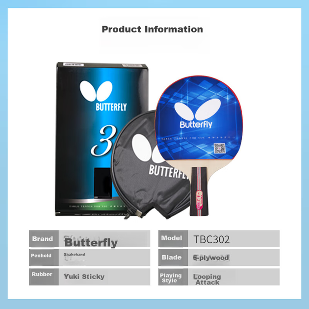 Ракетка для настільного тенісу BUTTERFLY Three-Star, пряма ручка, двостороння зворотна гума, 5-шарове лезо, одна ракетка TBC302, з футляром для ракетки - зображення 8