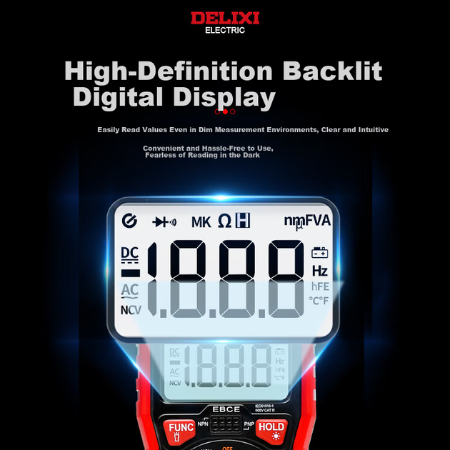 DELIXI ELECTRIC Интеллектуальный мультиметр с защитой от перегорания, цифровой дисплей с подсветкой, высокоточный тестер напряжения/тока/сопротивления/емкости/частоты для домашнего использования. - зображення 7