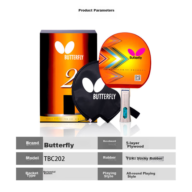 Ракетка для настільного тенісу BUTTERFLY, ручка-ручка/довга ручка, двостороння зворотна гума, 5-шарова ракетка для гравців Two Star 202, у комплекті футляр для ракетки - зображення 5