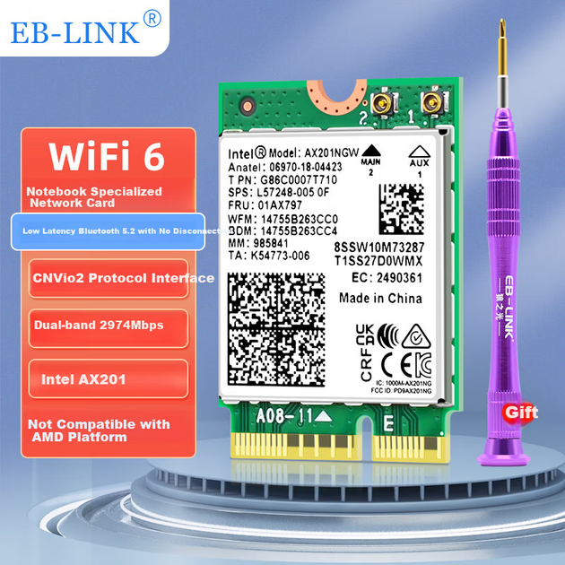 Бездротова мережева карта EB-LINK Intel AX201 для ноутбука, інтерфейс 2974M M.2 CNVIo2, мережева карта WiFi6 Gigabit, Bluetooth 5.2, подвійний внутрішній модуль комп'ютера - изображение 4