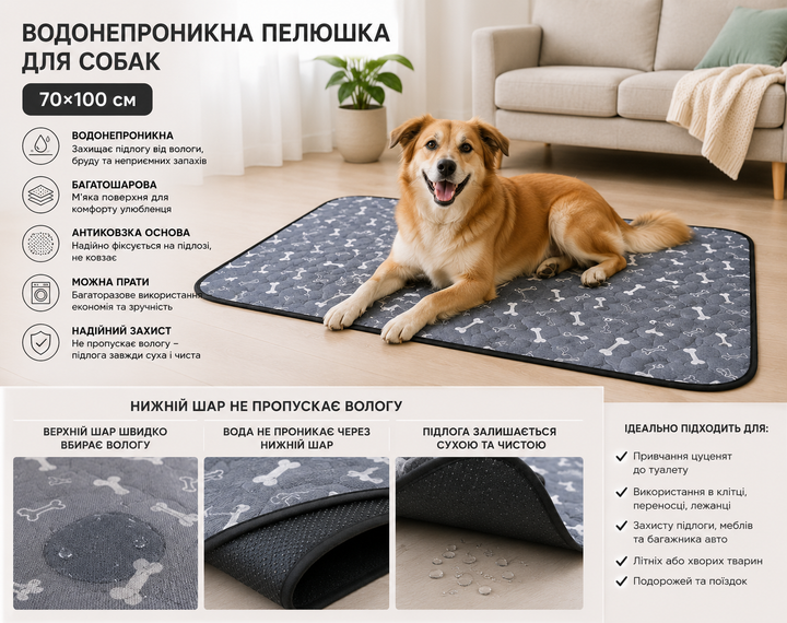 Многоразовая пеленка для собак 70×100 см Серая с косточками антискользящая - Фото 3 Многоразовая пеленка для собак 70×100 см Серая с косточками антискользящая - изображение 3