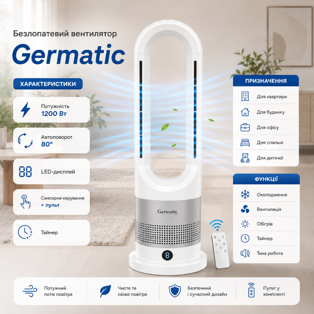 Напольный вентилятор Germatic AM-030JR 2в1, 1200 Вт, обогрев и охлаждение, автоповорот 80°, пульт ДУ, белый. - изображение 5