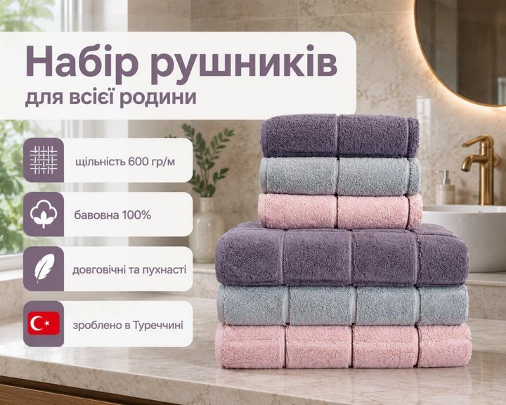Набор турецких махровых полотенец Cestepe MicroCotton Premium 3 штуки 50x90 + 3 штуки 70х140 Kare 2 плотность 600 г/м2 - Фото 2 Набор турецких махровых полотенец Cestepe MicroCotton Premium 3 штуки 50x90 + 3 штуки 70х140 Kare 2 плотность 600 г/м2 - изображение 2