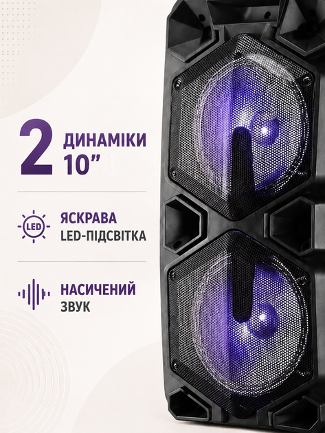 Портативная акустическая система колонка чемодан 2×10″ PMPO 4000 Вт с микрофоном пультом Bluetooth FM USB LED черная (49676161) - изображение 5