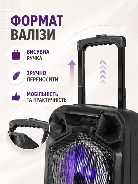 Портативная акустическая система колонка чемодан 2×10″ PMPO 4000 Вт с микрофоном пультом Bluetooth FM USB LED черная (49676161) - изображение 6