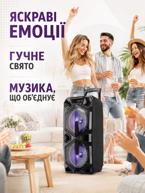 Портативная акустическая система колонка чемодан 2×10″ PMPO 4000 Вт с микрофоном пультом Bluetooth FM USB LED черная (49676161) - изображение 8