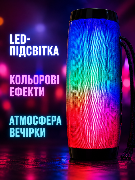 Портативная Bluetooth колонка акустическая система 10 Вт с LED-подсветкой FM радио USB AUX microSD PowerBank 17,9×7,3×7,3 см черная (49676166) - изображение 7