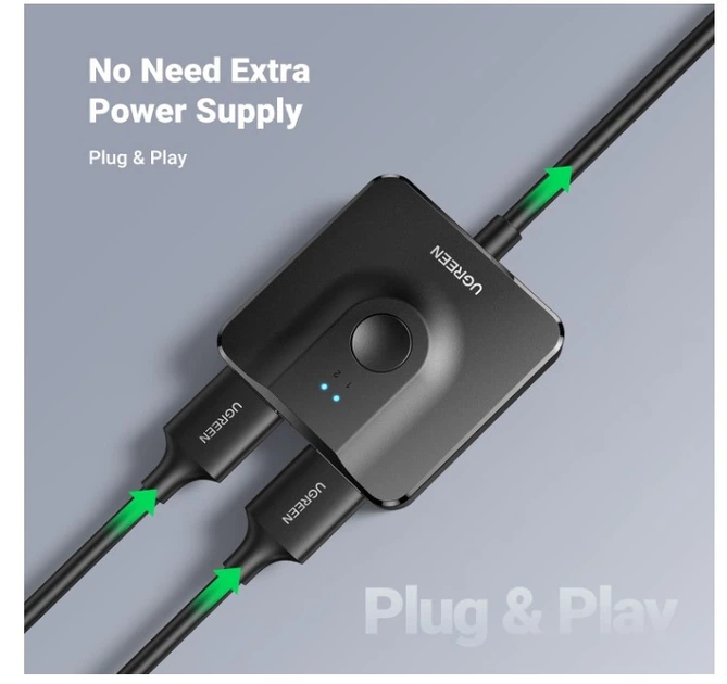 HDMI переключатель UGREEN 2x1 / 1x2 4K 60Hz, двунаправленный HDMI Switch с кабелем HDMI 1 м - изображение 3
