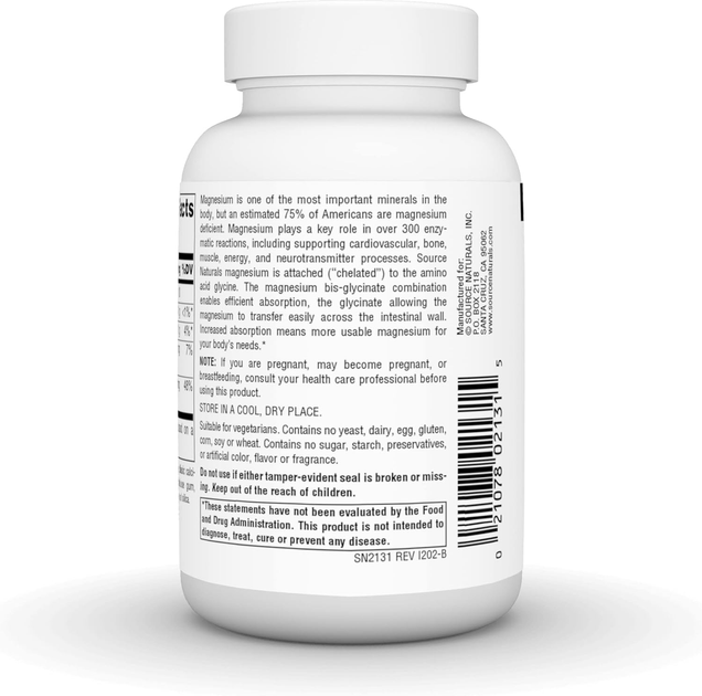 Магний Source naturals magnesium bis-glycinate 60 таблеток, магний бисглицинат хелат с кальцием - изображение 3