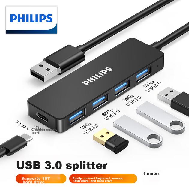 PHILIPS USB3.0 Hub, високошвидкісний розширювальний 4-портовий концентратор, п'ятивхідний адаптер-подовжувач для ноутбука з портом живлення Type-C, 1 метр - изображение 4