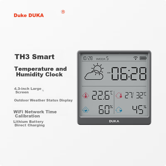 Комнатный термометр и гигрометр DUKA с часами, Wi-Fi, умные электронные часы с цифровым дисплеем, съемные и напольные, цвет TH3 Deep Space Gray. - Фото 4 Комнатный термометр и гигрометр DUKA с часами, Wi-Fi, умные электронные часы с цифровым дисплеем, съемные и напольные, цвет TH3 Deep Space Gray. - зображення 4
