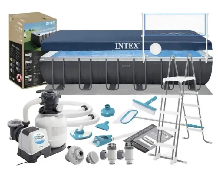 Каркасный бассейн Intex DELUXE POOL SERIES 732×366×132 см 31805 л серый прямоугольный с насосом-фильтром 6000 л/час , хлоргенератором, лестницей, скиммером, тентом и подстилкой - изображение 2