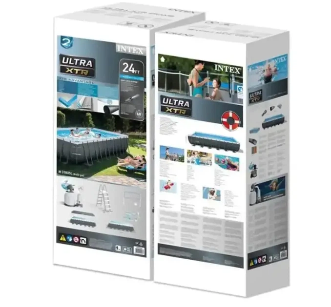 Каркасный бассейн Intex DELUXE POOL SERIES 732×366×132 см 31805 л серый прямоугольный с насосом-фильтром 6000 л/час , хлоргенератором, лестницей, скиммером, тентом и подстилкой - изображение 3