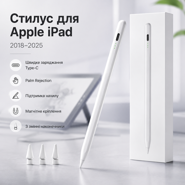 Стилус для Apple iPad 2018-2025 – быстрая зарядка Type-C, Palm Rejection, наклон, магнитное крепление - Фото 1 Стилус для Apple iPad 2018-2025 – быстрая зарядка Type-C, Palm Rejection, наклон, магнитное крепление - изображение 1