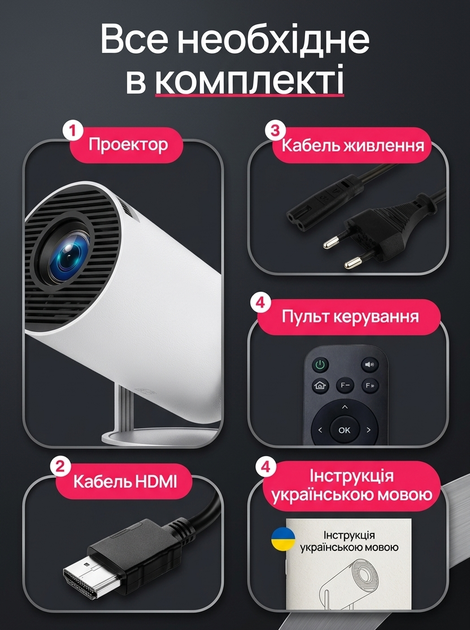 Портативний смарт-проєктор для дому HY300 Pro 4K, міні відеопроєктор мультимедійний кишеньковий компактний мобільний домашній smart прожектор на Android 11 з Wi-Fi 6, Bluetooth та автокорекцією екрана - зображення 3