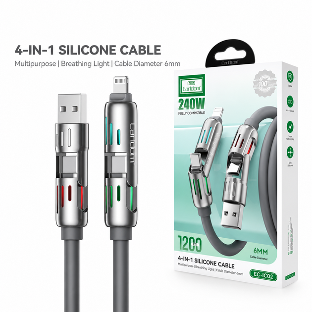 Кабель Earldom EC-IC02 4 в 1 USB-A/USB-C – USB-C/Lightning 240W 1.2 м - изображение 7