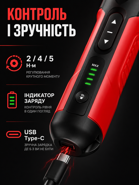 Акумуляторна електрична викрутка з набором 27 насадок кейсом намагнічувачем Type-C LED-підсвіткою до 5 Нм (49676159) - зображення 7