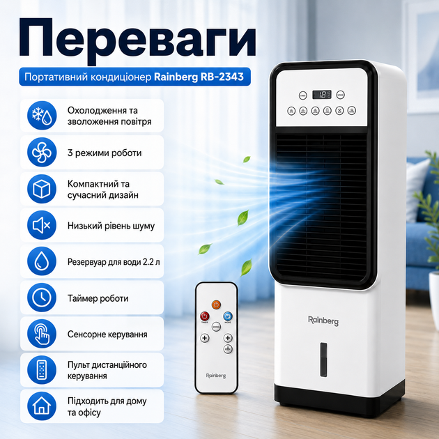 Портативный кондиционер Rainberg RB-2343 с функциями охлаждения, увлажнения и вентиляции воздуха, сенсорным управлением, пультом ДУ, резервуаром 2,2 л и 3 режимами работы для дома и офиса - изображение 3