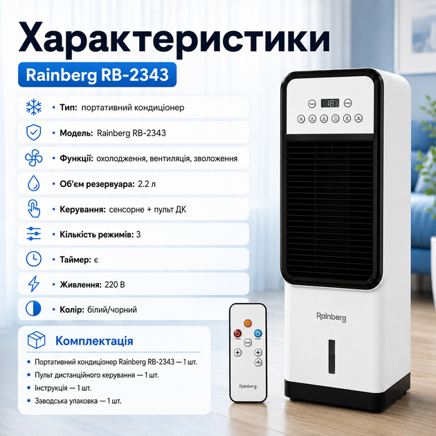 Портативный кондиционер Rainberg RB-2343 с функциями охлаждения, увлажнения и вентиляции воздуха, сенсорным управлением, пультом ДУ, резервуаром 2,2 л и 3 режимами работы для дома и офиса - изображение 4