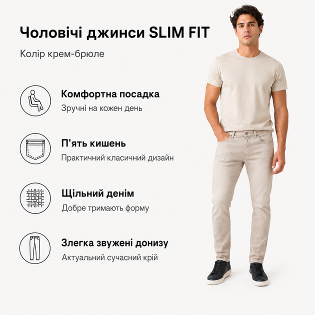Джинси CDEVOIR чоловічі звужені slim fit,30, Бежевий - Фото 5 Джинси CDEVOIR чоловічі звужені slim fit,30, Бежевий - зображення 5